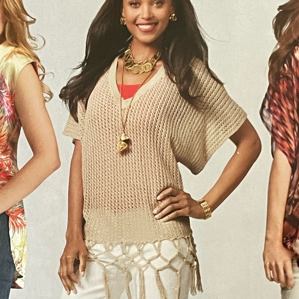 CAbi Fling Tan Layering Sweater with Fringe